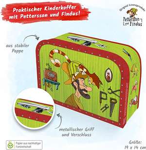 Pettersson und Findus Kinderkoffer klein, Pappkoffer, Koffer aus Pappe, Geschenk Verpackung, Gutschein Verpackung,Spielkoffer, Metallgriff und Metallhenkel, Reisekoffer Kinder