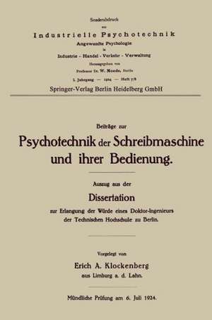 Beiträge zur Psychotechnik der Schreibmaschine und ihrer Bedienung de Erich Alexander Klockenberg