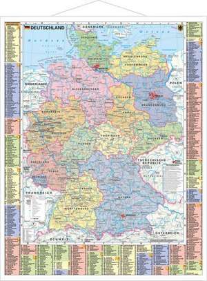 Deutschland politisch und Autokennzeichen - Wandkarte laminiert mit Metallbeleistung